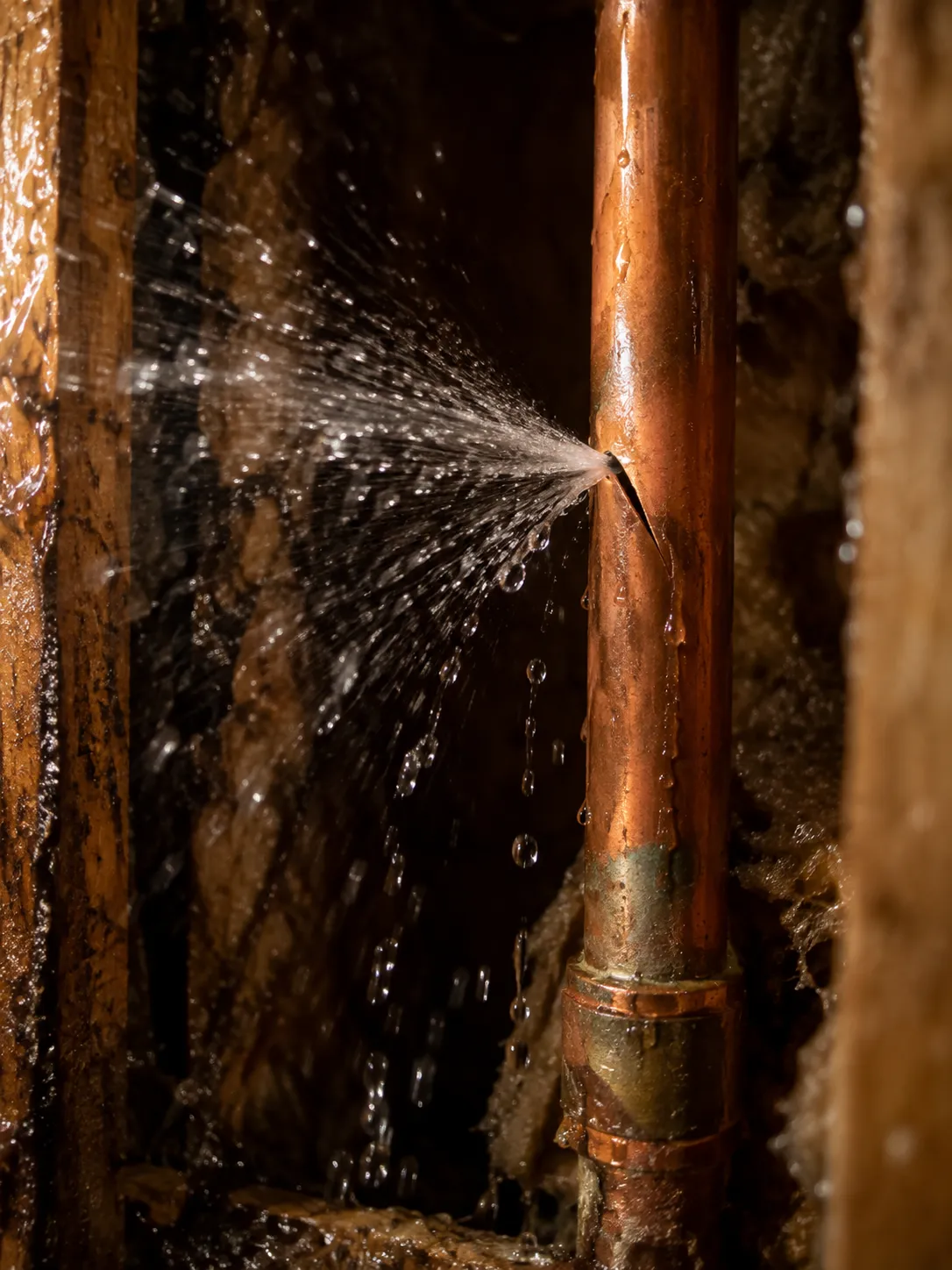 Water spraying from a split pipe inside a wall