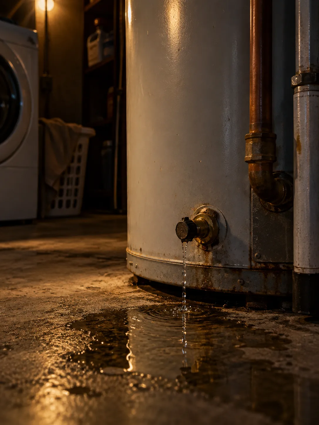 Hot water storage tank in a laundry with its valves and pipes