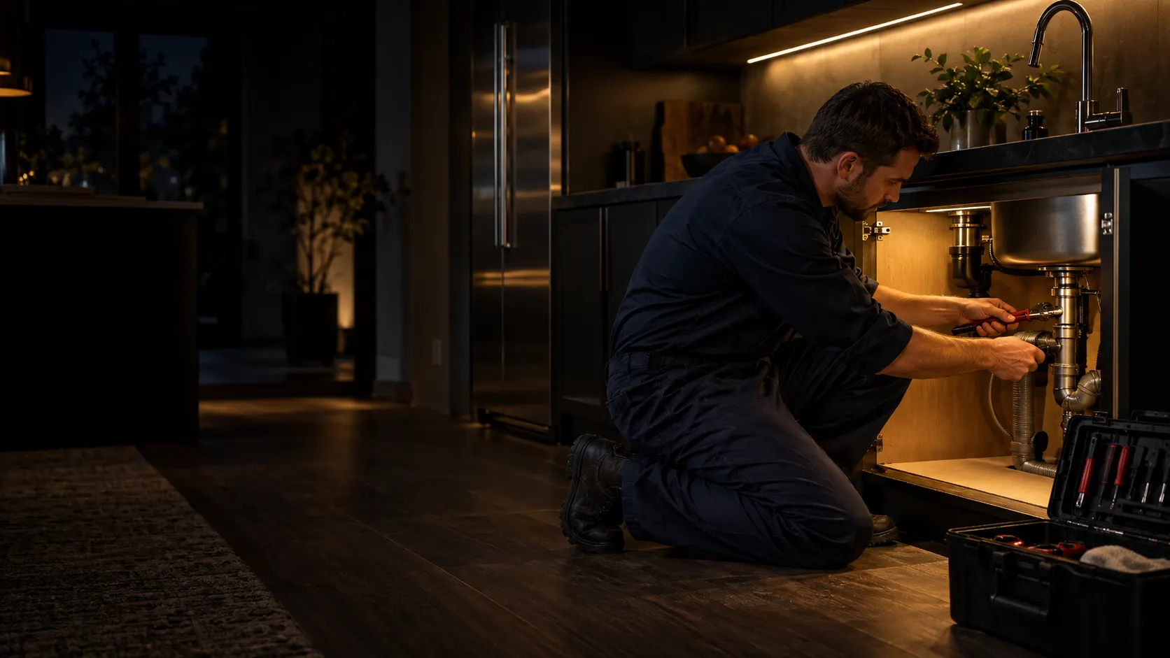 Plumber in work gear checking pipework under a kitchen sink