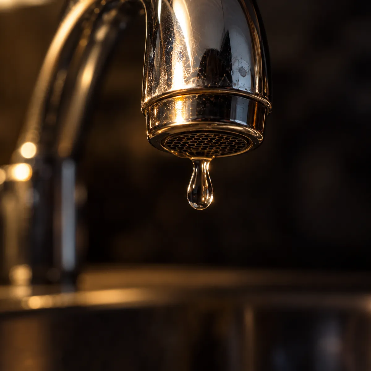 Kitchen tap with a drop of water forming at the spout