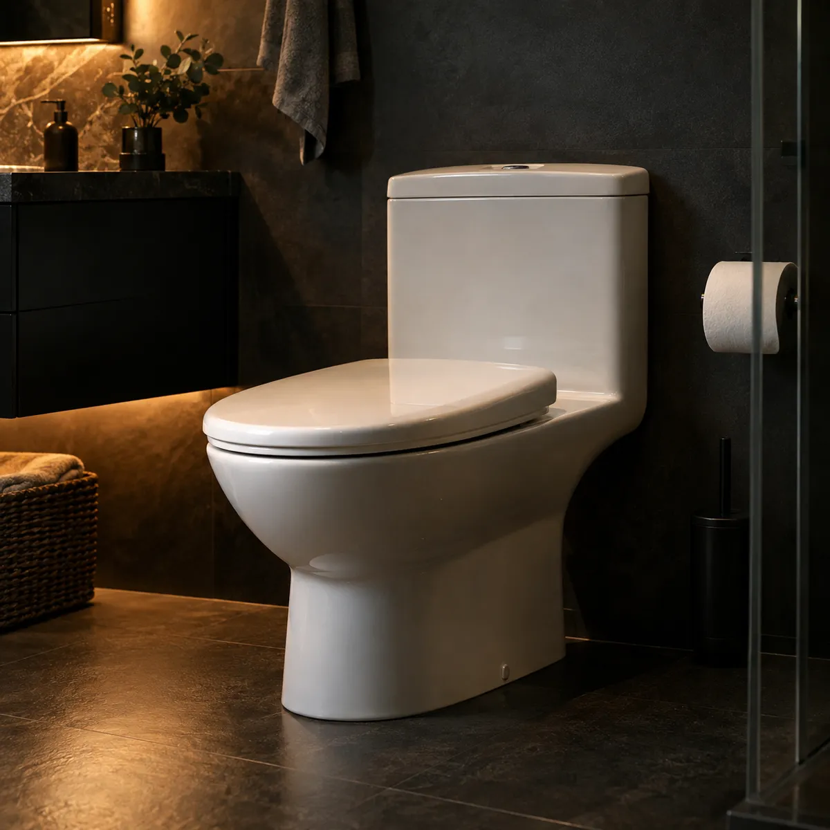 Open toilet cistern showing the inlet and flush valves