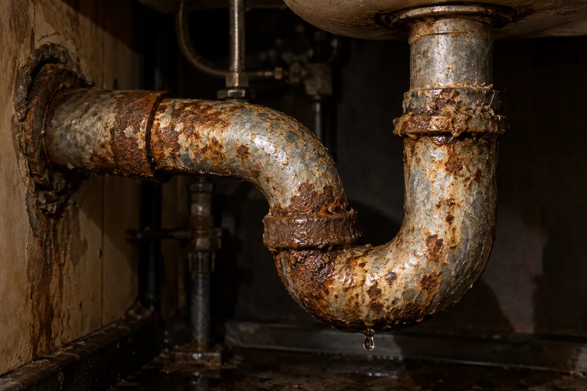 Corroded galvanised pipes and fittings before replacement
