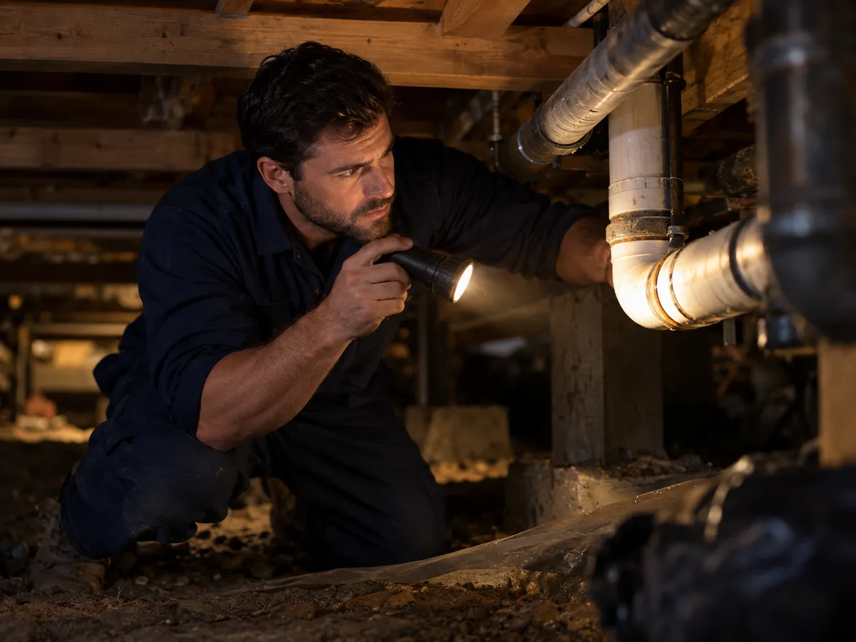 Plumber arriving at a home at night with a toolbox