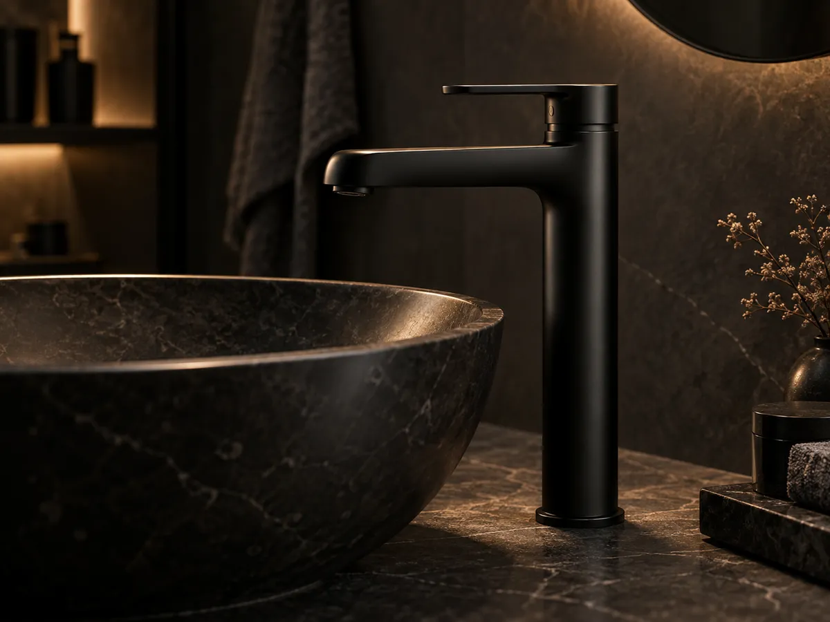 New mixer tap on a stone bathroom vanity