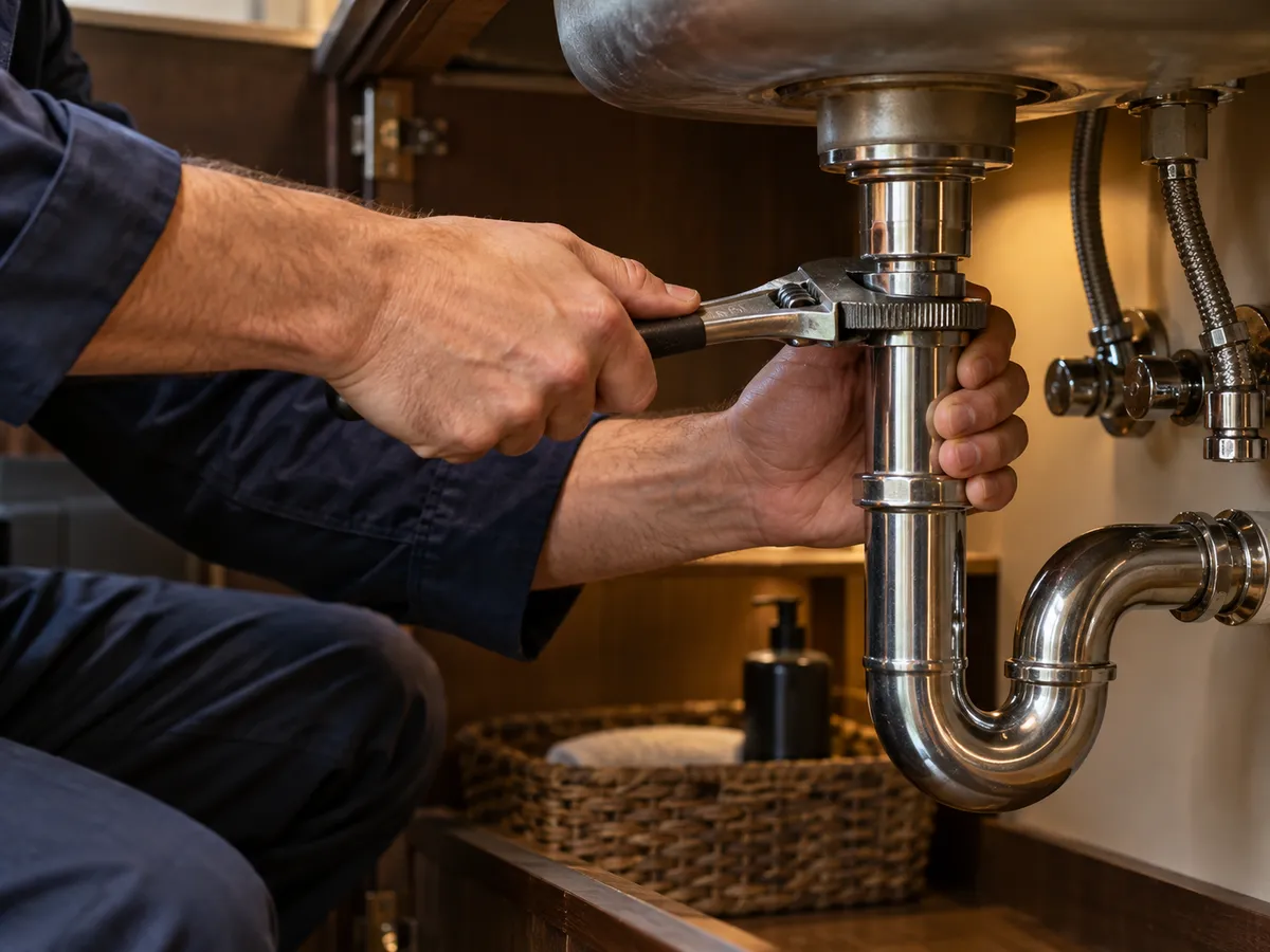 Plumber tightening a fitting under a sink
