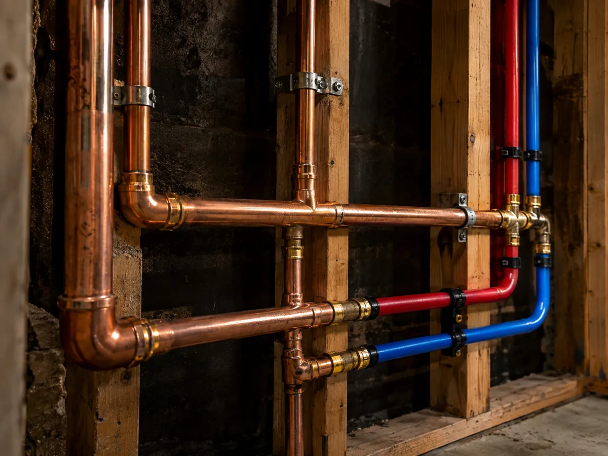 New copper pipework under the floor of an older home