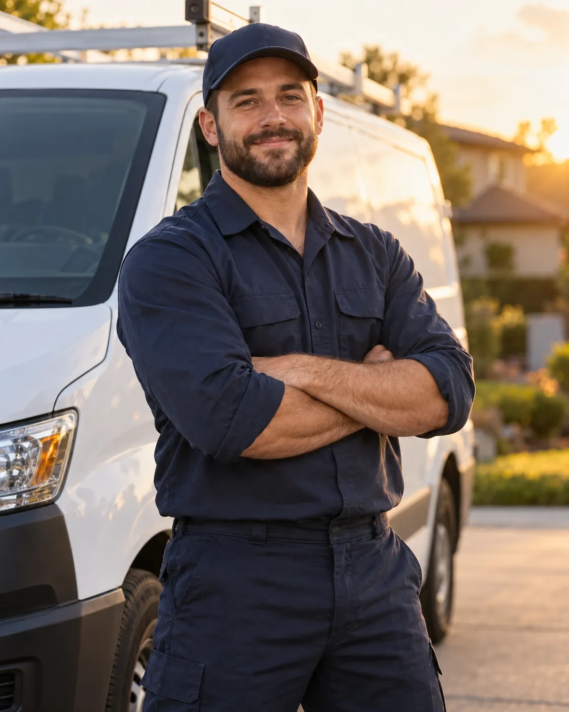 North & Home plumber in uniform standing beside the work van