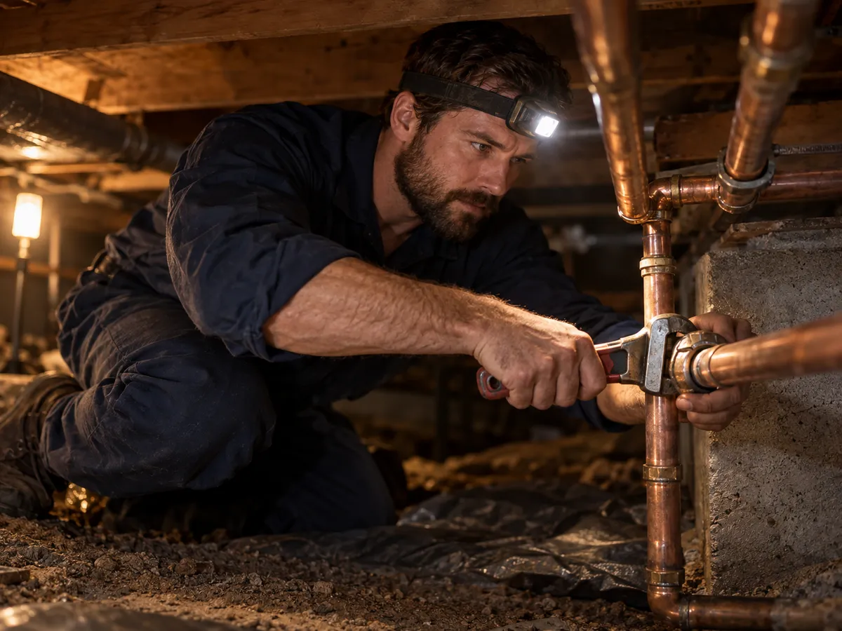 Two plumbers working together on a pipe installation